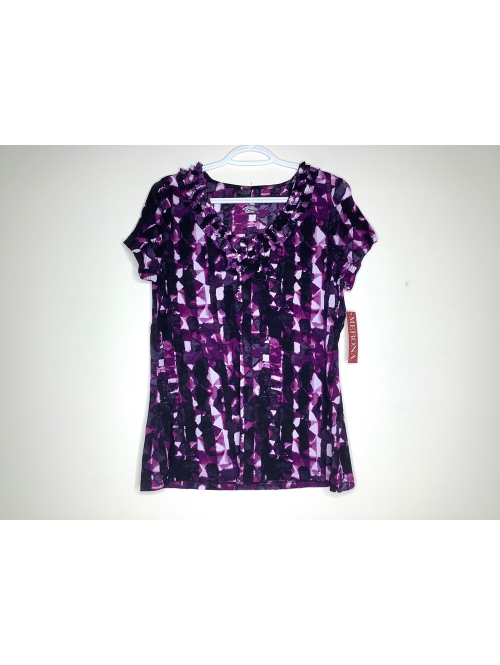 NWT Merona Abstract Pattern Blouse With Ruffled Neckline